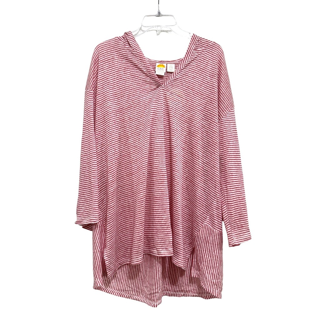 C&C California Womens 2X Red White Striped 100% Linen Hooded Tunic NWT